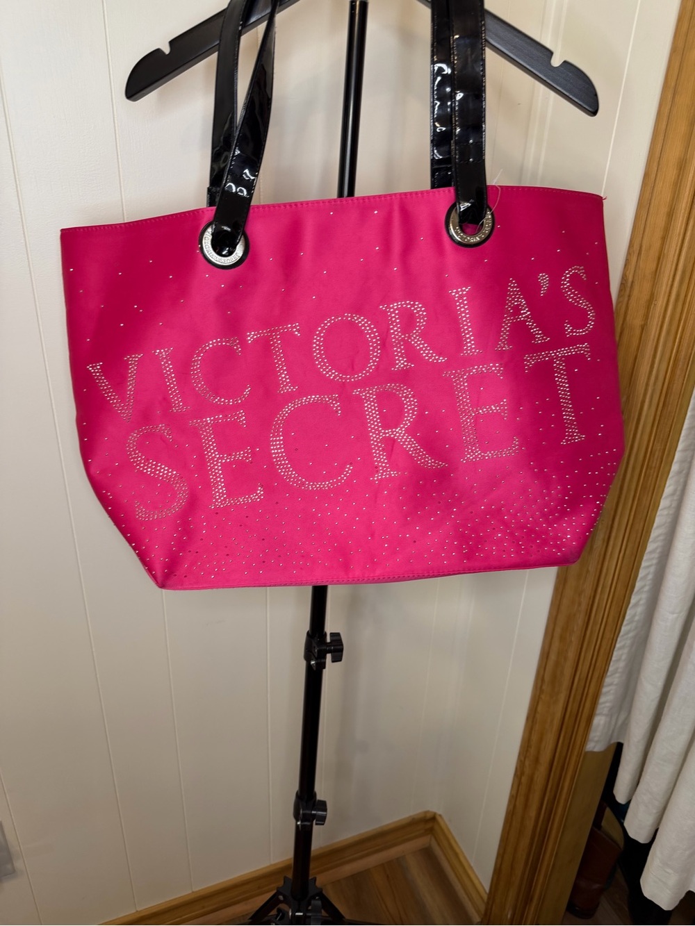 Victoria's Secret Pink Tote with Black Patent Handles and Crystal